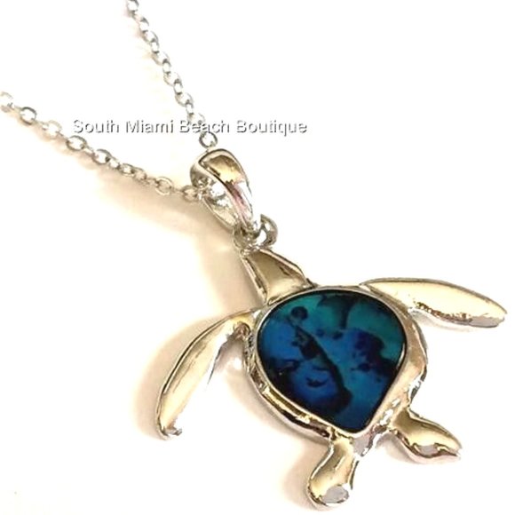 Blue Abalone Shell Sea Turtle Necklace Nautical Island Surfer Silver Plated - Picture 3 of 10